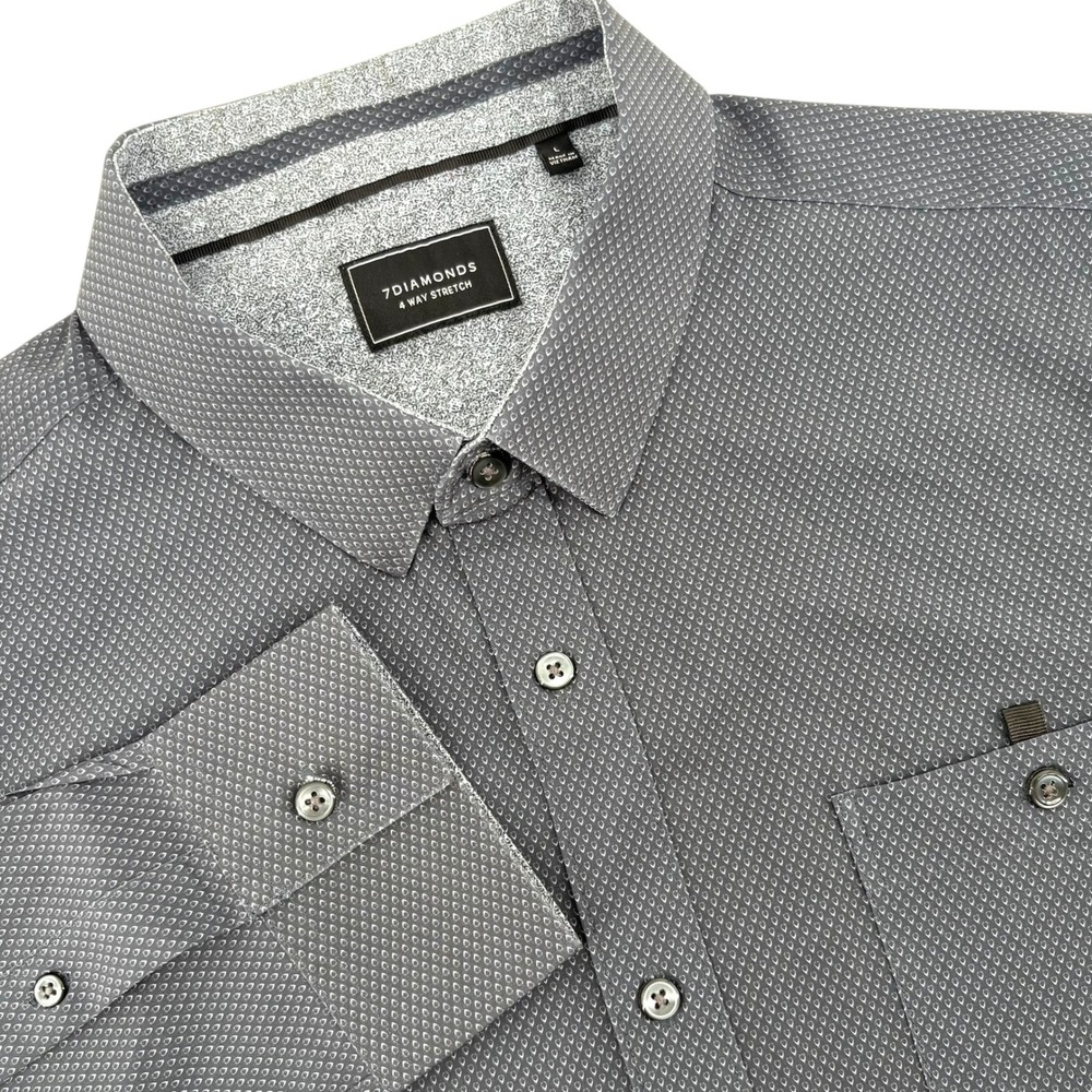 7 Diamonds Mens Break My Heart 4 Way Stretch Shirt Grey Geometric SMK-7379 L